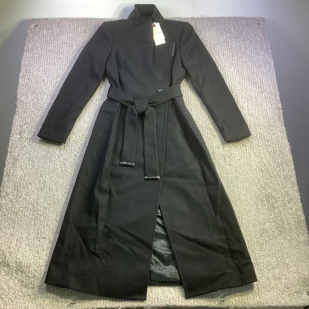 Ted Baker‎ Rosell Black Wool Cashmere Long Belted Wrap Coat Size 0 NWT
